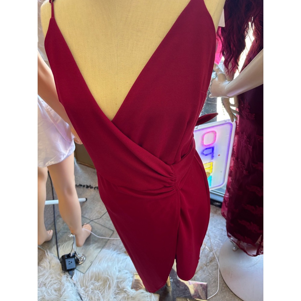 STYLESTALKER Burgundy Red Faux Wrap Ruched Midi Dress V-Neck Size L